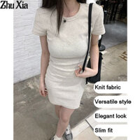Váy dệt kim ngắn tay màu trắng thanh lịch dành cho nữ, Váy thời trang đơn giản