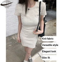 Váy dệt kim ngắn tay màu trắng thanh lịch dành cho nữ, Váy thời trang đơn giản