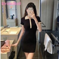Váy dệt kim ngắn tay mùa hè dành cho nữ có cổ áo và nút Polo chi tiết