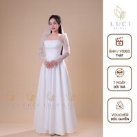 Váy Đi Bàn Cô Dâu Corset Dáng Dài Thân Nhọn Xếp Ly Eo Phối Tay Ren Đính Hạt Pha Lê Vải Phi Hàn Cao Cấp Tôn Vóc Dáng
