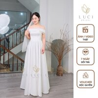 Váy Đi Bàn Cô Dâu LuCi Thiết Kế Corset Dáng Dài Trễ Vai Che Bắp Tay Đính Hạt Trai Nhẹ Nhàng Tinh Tế Mặc Tôn Dáng