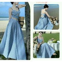 Váy Đi biển áo 2 dây thắt nơ phối chân váy maxi kẻ caro bộ đồ 2 mảnh áo yếm