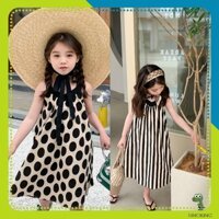 Váy đi biển cho bé gái DINOKING Váy suông cổ yếm họa tiết kẻ sọc chấm bi chất mềm mịn thoáng mát trẻ em 2 – 8 tuổi VA30