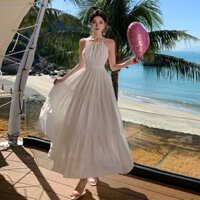 Váy đi biển- đầm maxi hở lưng dáng dài màu trắng phong cách nhẹ nhàng mùa hè cho phái nữ, váy trắng hở lưng