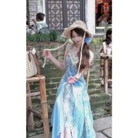 Váy Đi Biển Mùa Hè Hai Dây Cho Nữ Ren Ruy Băng Váy Màu Xanh Nở Hoa In Váy Dài Kín Đáo
