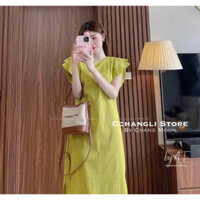 Váy đi biển nữ cánh tiên đan dây lưng vải đũi, đầm maxi đi biển 2 màu điệu đà