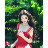 Váy Đi Biển, Váy Xinh Tiểu Thư Phi Bóng Kèm Quần Và Áo Hai Dây Đỏ Vạt Bèo Hàn Quốc