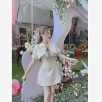 Váy đi dự đám cưới  2 dây nữ kèm áo choàng dáng ngắn màu nude chất xốp gao sang trọng D0795