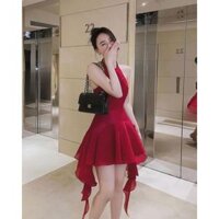 Váy đi dự đám cưới cổ yếm hở lưng dáng ngắn cut out xếp bèo tầng tua rua màu đỏ màu trắng vải phi phối voan D0849