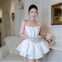 Váy đi dự tiệc, đầm dự tiệc quây cúp ngực đính nơ dáng xòe ngắn màu trơn thiết kế tiểu thư sang chảnh nữ tính LONA Rose