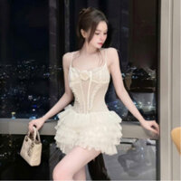 Váy đi dự tiệc, đầm dự tiệc đầm 2 dây cúp ngực đính hoa ôm body sexy ren phối chân xòe thiết kế sang chảnh tiểu thư LONA