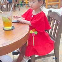 Váy Đỏ Babydoll Cánh Dơi Minnie Baby Đầm Cotton Bé Gái Noel Tết Xòe Rông Đính Hoa N04