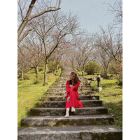 váy đỏ chấm bi ôm eo hack dáng siêu xinh