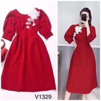 VÁY ĐỎ HOA TRẮNG TAY BỒNG