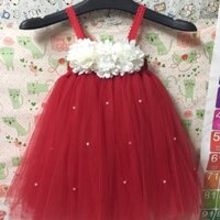 Váy đỏ hoa xù trắng cho bé