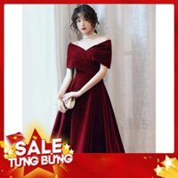 Váy đỏ nhung ôm vai V1288- DVC thời trang thiết kế cao cấp (Kèm ảnh thật trải sàn do shop tự chụp) -Hàng nhập khẩu