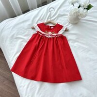 Váy Đỏ Thêu Hoa Phối Bèo Trắng Nơ Đỏ Chất Thô Cotton Cho Bé 8-26kg