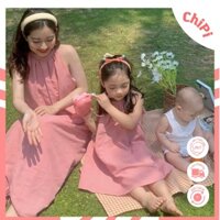 Váy đôi mẹ và bé ChiPi cổ yếm hồng chất thô xốp