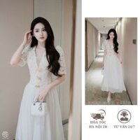 Váy Dự Tiệc Cao Cấp Chất Ren Mềm Phối Tơ Hàn, Đầm Cổ Chữ V Phối Lưới Đính Nơ Đá, Váy Maxi Xòe Tự Nhiên V1318 Alice