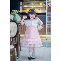 Váy dự tiệc sát nách June màu hồng cam đào nhũ phối cổ trắng đính nơ size 1 - 10y