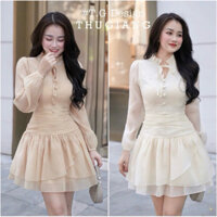 váy dự xinh nhật T26 chất liệu tơ mềm thiết kế cổ khâu ngọc phù hợp đi chơi dự tiệc -đầm đi cưới-đầm đi cưới dài tay