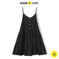 Váy đũi 2 dây 4LOVA ba tầng cổ tim phối cúc ngực vintage - V4T2D ĐEN,S