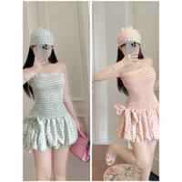 Váy Đũi Caro Quây Chun Eo Nơ Chân Phồng Kèm Khăn Turban Nữ Dress Women - Freesize - Đỏ/Xanh Kem Voan Voi Bo Chun