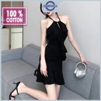 Váy đuôi cá body hở vai cột dây bánh bèo sang chảnh nữ ozenka , đầm dự tiệc ngắn đẹp ôm cotton đen mặc đi chơi