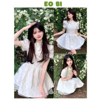 Váy gấm tiểu thư đính nơ cổ tàu phối voan tơ bồng bềnh điệu đà, Đầm công chúa bánh bèo ullzang hàn quốc - EOBI