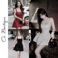 Váy hai dây chấm bi đan dây lưng sau dáng ngắn xòe bồng, Đầm váy hai dây Cá Boutique