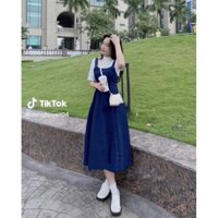 Váy hai dây chất jeans mềm lưng chun dáng dài xoè
