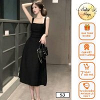 Váy hai dây dáng chữ A màu đen, thiết kế ôm body, phần nhún eo giúp che bụng, phong cách Hàn Quốc từ Butino Shop.
