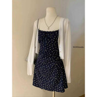 Váy Hai Dây Hoa Nhí Ôm Body Tôn Dáng WGWEs Studio, Set Đầm 2 Dây Hoa Nhí Xanh Than Kèm Khoác Cardigan WGWE