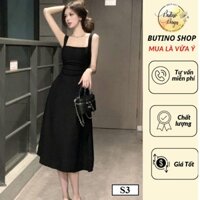 Váy hai dây màu đen dáng A ôm sát, nhún eo giúp che khuyết điểm bụng, phong cách Hàn Quốc, từ Butino Shop.