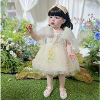 Váy Hai Dây Ren Lưới Thêu Hoa Cột Vai Kèm Tuban Và Chip 4-14 Kg,Váy Cho Bé Gái Đầy Tháng Sinh Nhật Dự Tiệc