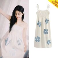 Váy hai dây trắng hoa xanh Bạch Lộc