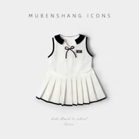 Váy hè thun thể thao polo trắng 3 lỗ bé gái thủy thủ đính nơ thêu tem chân váy đuôi cá xếp ly chất coton mềm nhẹ mịn mát