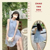 Váy hở vai cổ nơ chất tơ dáng xòe ulzzang 2 lớp hè 2024 hàng QC 2 lớp VN307