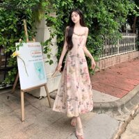 Váy hoa bướm Váy trơn kiểu Pháp dành cho nữ Váy cổ chữ V dài