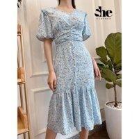 Váy Hoa Nhí 2 Màu Xanh, Vàng Đuôi Cá Đính Cúc Ở Giữa