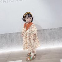 Váy hoa nhí cam cho bé gái chất vải đũi Hàn phối cổ thô Cara - Orange Dress - DS03