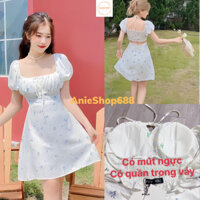 Váy hoa nhí chun sau cổ yếm có mút ngực ,Đầm nữ hoa nhí cổ vuông dáng ngắn tay phồng phong cách ulzzang ANIESHOP688