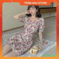 VÁY HOA NHÍ TAY BỒNG CỔ VUÔNG THẮT NƠ LƯNG HỒNG TÍM - VÁY HOA TÍM TIỂU THƯ 👗 👑