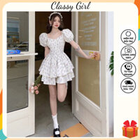 Váy hoa nhí trễ vai dáng xoè hot girl đầm công chúa tay phồng vintage cá tính