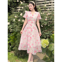 Váy hoa thiết kế cổ V đính cúc bọc dịu dàng - Đầm nữ mùa hè đi biển đi chơi cực xinh vải voan tơ mềm mịn