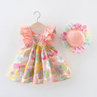 Váy hoa trẻ em sơ sinh mới mùa hè có dây treo quần áo trẻ em có mũ che nắng