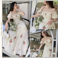 Váy hoa trễ vai viền bèo ngực dễ thương, đầm Maxi dáng dài 2 lớp dành cho các nàng đi biển, đi chơi xinh xắn mát mẻ QC🌹