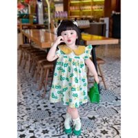 Váy hoa xanh cổ sen vàng tay cánh tiên xinh cho bé yêu