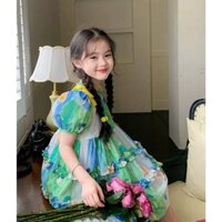 Váy hoa xanh đính nơ vàng điệu đà cho bé gái từ 8-45kg cao cấp Happy Kids G20