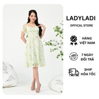 Váy hoa xanh LADYLADI chất tơ mềm mại, nhẹ nhàng DA209